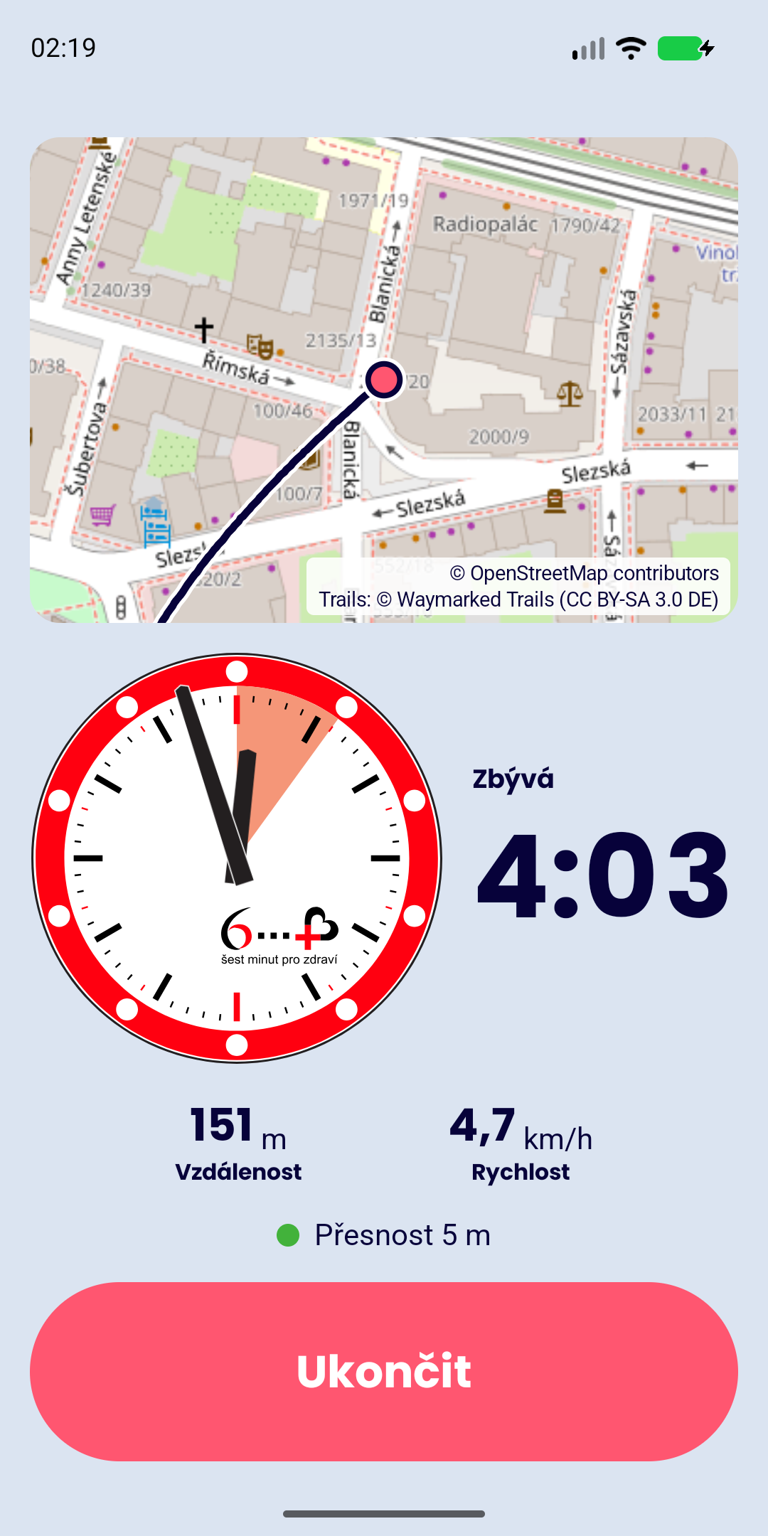 6 minut pro zdraví — probíhající chůze s kampaňovými hodinami