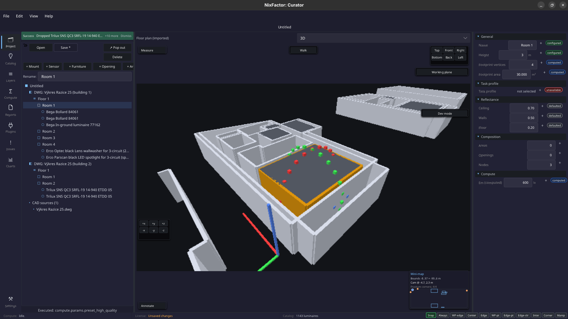 Hlavn&iacute; okno Curatoru &mdash; izometrick&yacute; 3D pohled na importovanou budovu s překryvem vyhodnocovac&iacute;ch bodů